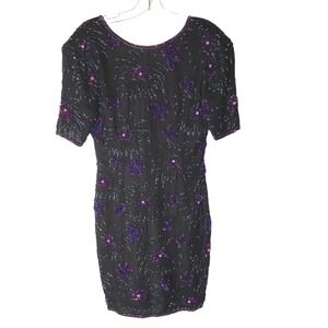 Stenay Vintage Beaded Cocktail Mini Dress Silk Sheath Black Purple Floral Size 8